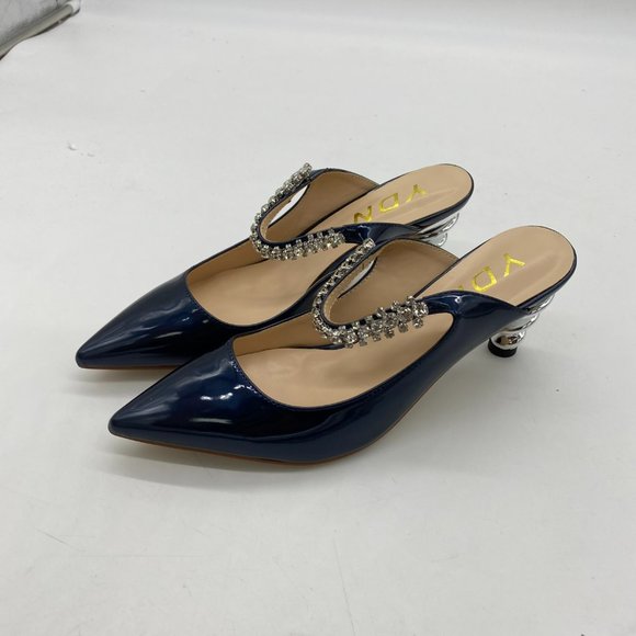 YDN blue patent leather pointy toe sliver spiral low heels slingback shoes - Picture 3 of 7